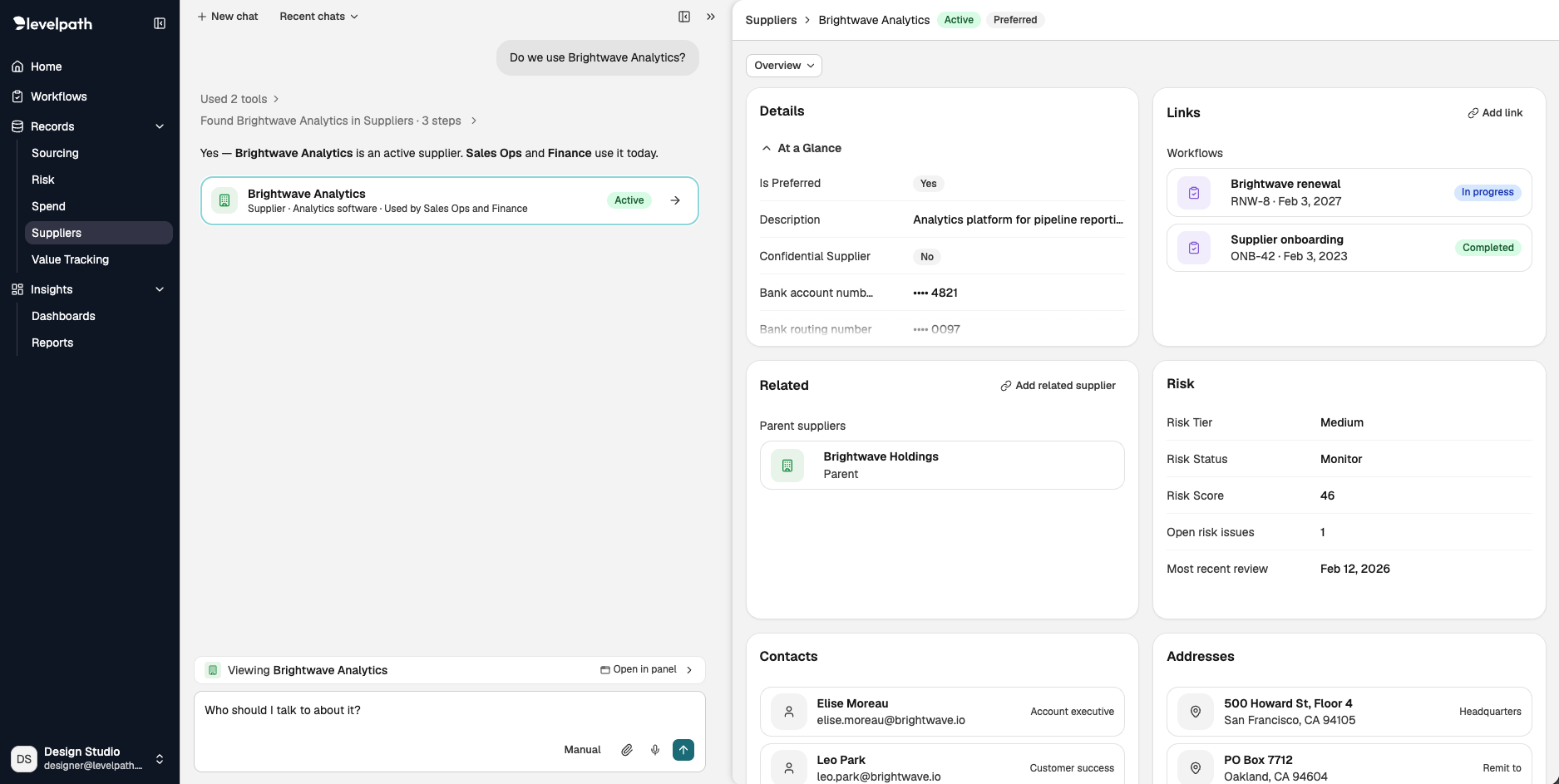 Levelpath AI assistant answering a question about a supplier, with the supplier record open beside the chat